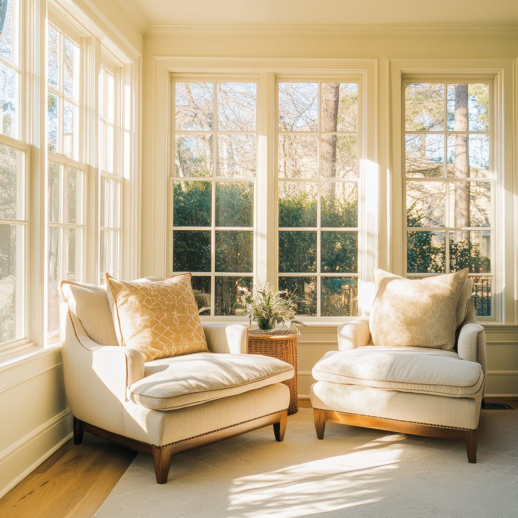 bright sunroom with comfortable lounging chairs
