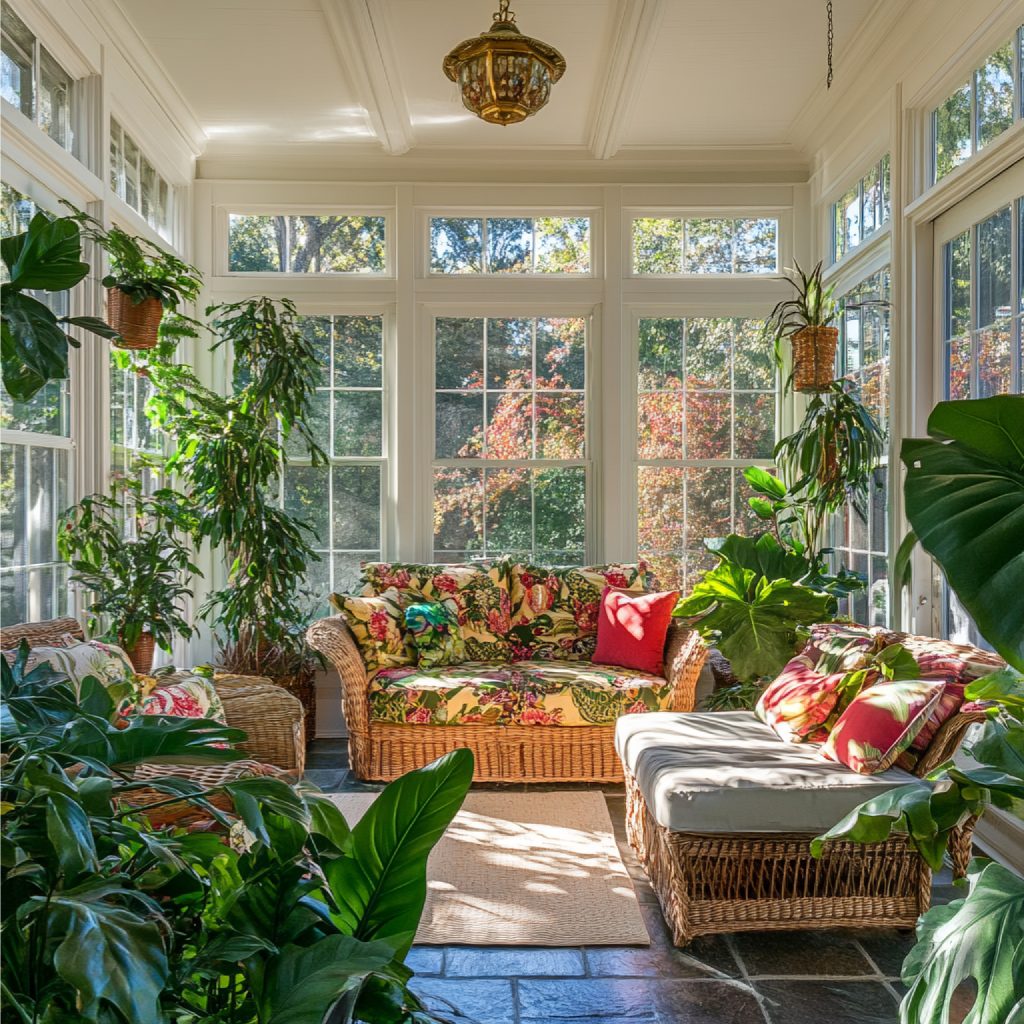 bright sunroom with comfortable seating plenty greenery