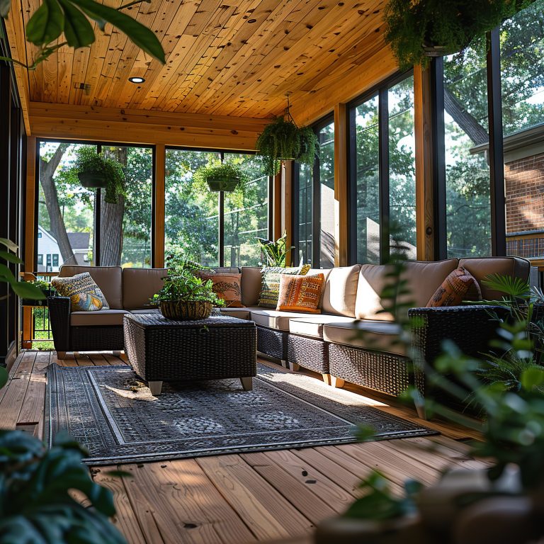 modern patio with wooden ceiling large windows
